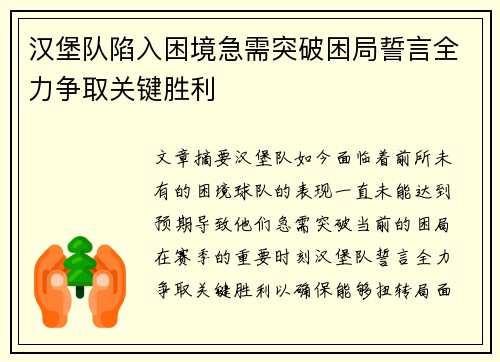 汉堡队陷入困境急需突破困局誓言全力争取关键胜利
