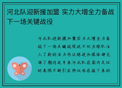 河北队迎新援加盟 实力大增全力备战下一场关键战役