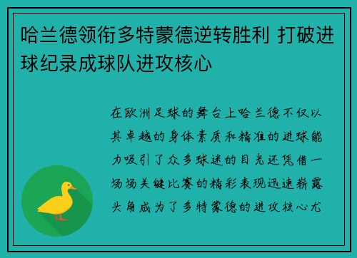 哈兰德领衔多特蒙德逆转胜利 打破进球纪录成球队进攻核心