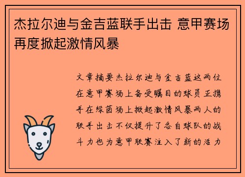 杰拉尔迪与金吉蓝联手出击 意甲赛场再度掀起激情风暴