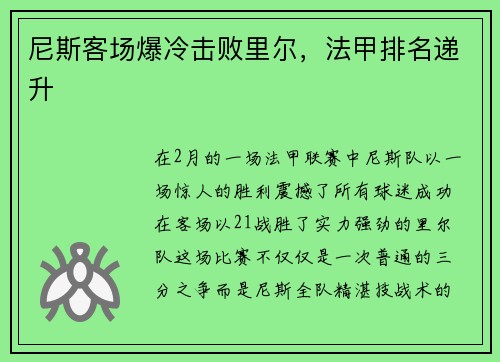 尼斯客场爆冷击败里尔，法甲排名递升