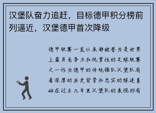 汉堡队奋力追赶，目标德甲积分榜前列逼近，汉堡德甲首次降级