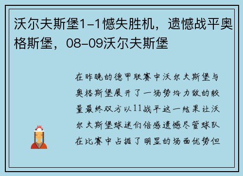 沃尔夫斯堡1-1憾失胜机，遗憾战平奥格斯堡，08-09沃尔夫斯堡