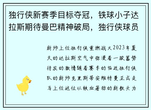 独行侠新赛季目标夺冠，铁球小子达拉斯期待曼巴精神破局，独行侠球员合同