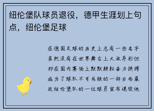 纽伦堡队球员退役，德甲生涯划上句点，纽伦堡足球