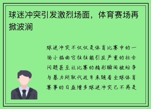 球迷冲突引发激烈场面，体育赛场再掀波澜