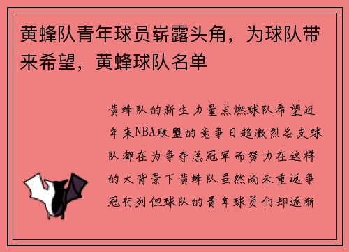 黄蜂队青年球员崭露头角，为球队带来希望，黄蜂球队名单