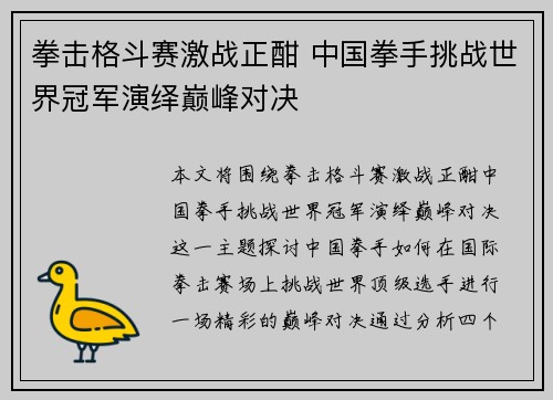 拳击格斗赛激战正酣 中国拳手挑战世界冠军演绎巅峰对决